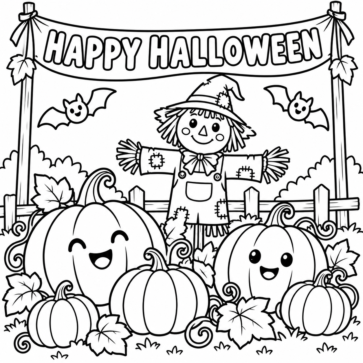 Happy Halloween Pumpkin Patch coloring page for kids